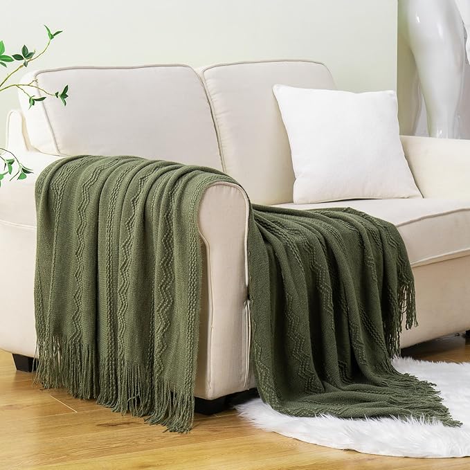 BATTILO HOME Olive Green Throw Blanket for Couch, Soft Army Green Blanket with Tassels for Home Decor, Decorative Knitted Throws for Couch Cover, 50"x60"