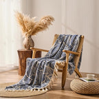 DOWN HOME Chenille Cotton Throw Blanket for Couch, Lightweight Boho Blanket for Bed Sofa Chair Living Room Outdoor Soft Woven Decorative Blanket with Tassel Gift Navy Leaves 50"x70"