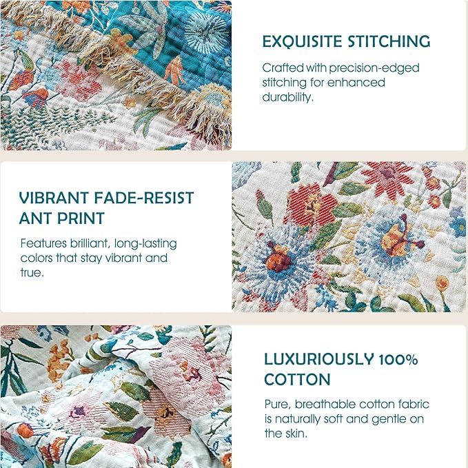Boho Throw Blanket - 100% Cotton Ultra Soft Muslin Blanket, 50"x60" Lightweight Floral Framhouse Bedding Spring Blanket for Bed, All Season Blue Bohemian Bedroom Home Decor Quilt