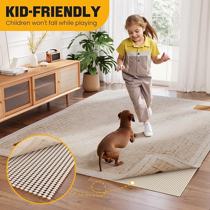 Non-Slip Rug Pad Gripper 7x10 Feet, Anti Skid Mat for Under Area Rugs, Keeps Rugs in Position and Safe, Thick Cushioned Carpet Pad for Hardwood Floors Protection