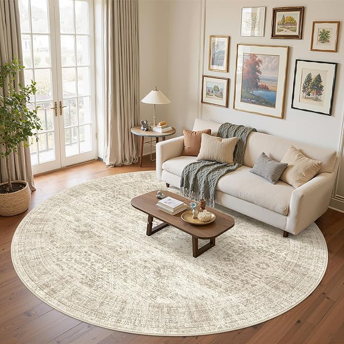 9x9 Beige Round Rug 9ft Living Room Circle Rug Vintage Round Area Rug Non Slip Indoor Carpet for Apartment