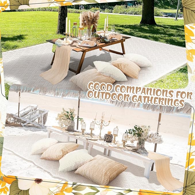 91 x 71 Extra Large Outdoor Boho Picnic Blanket with Beige White Table Runner, 6 Throw Pillow Covers 6 Napkins Woven Cotton Yarn Oversize Beach Blanket Washable Picnic Camp Wedding