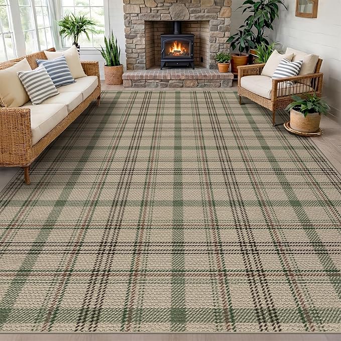 Washable Easy Jute Living Room Rug - Aesthetic Bedroom Rug Under Bed, Outdoor Rug 9x12 for Patio, Large Farmhouse Indoor Outdoor Carpet, Contemporary Non Slip Sage Plaid Decor for Dining Room