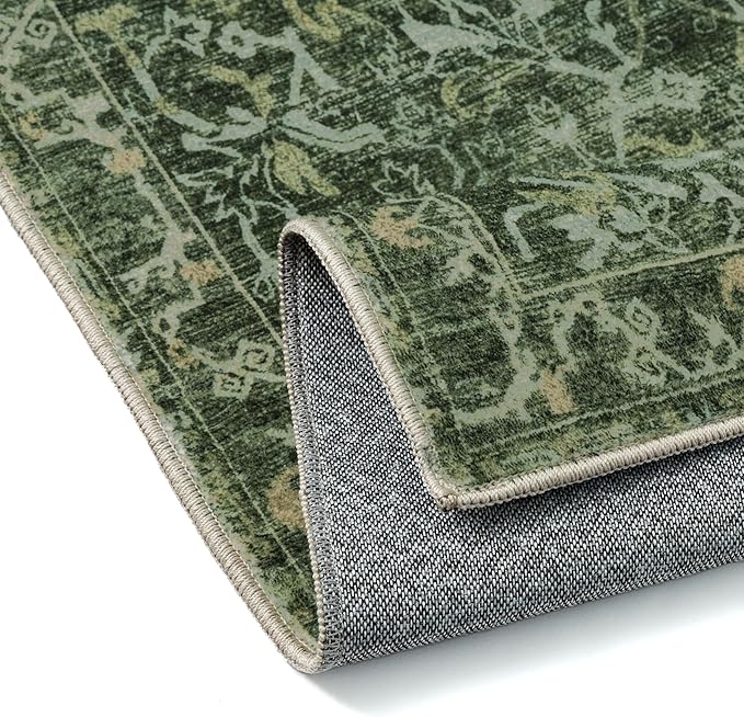HUGEAR Area Rug 6x9 Retro Green Machine Washable Living Room Rugs Distressed Vintage Floral Vacuumable Low Pile Carpet Bedroom Office Dining Room Laundry Room Non Slip Soft Lightweight