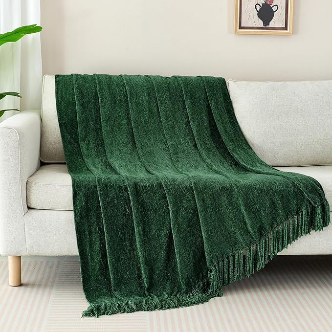 Chenille Throw Blanket for Couch with Tassels,60"X80" Soft Cozy Lightweight Knitted Boho Decorative Blankets for Bed and Sofa,Dark Green