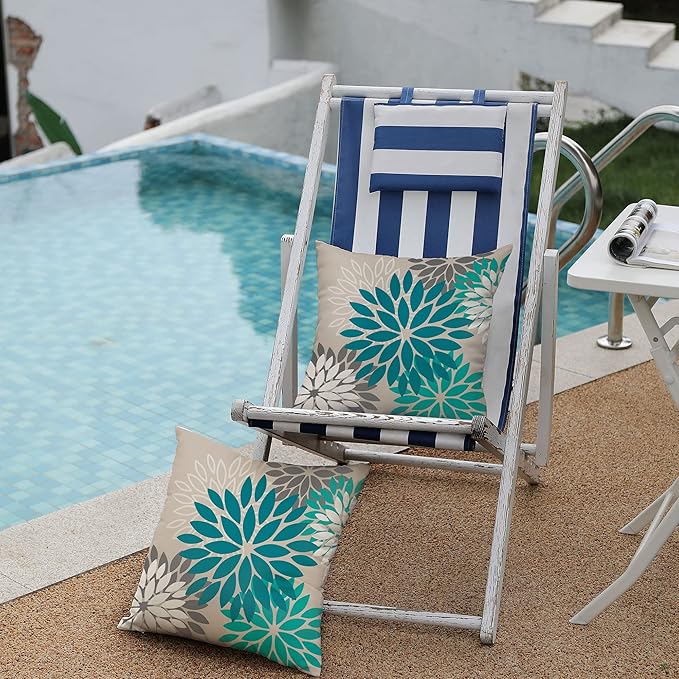 DFXSZ Dark Blue Green Outdoor Pillow Covers 20X20 Inch Set of 2 Spring Teal Flower Pillow Case Outdoor Waterproof Decor for Patio Funiture Garden Polyester pillowcovers 002D20