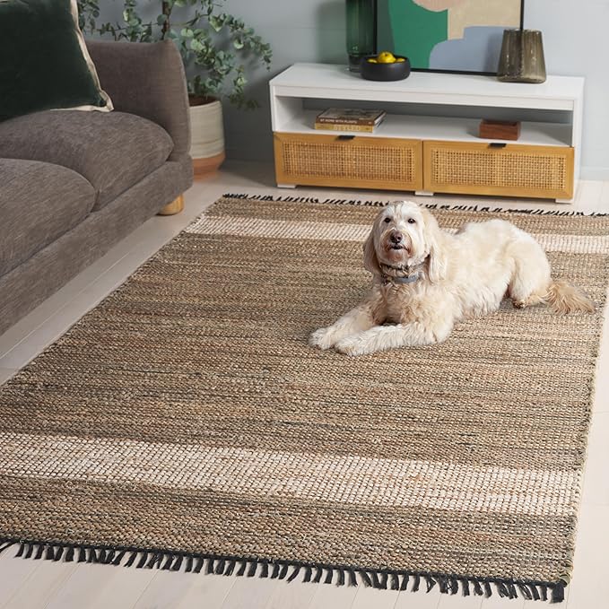 SAFAVIEH Cape Cod Collection Accent Rug - 4' x 6', Green & Beige, Handmade Denim & Jute, Ideal for The Living Room, Dining, Bedroom (CAP153Y)