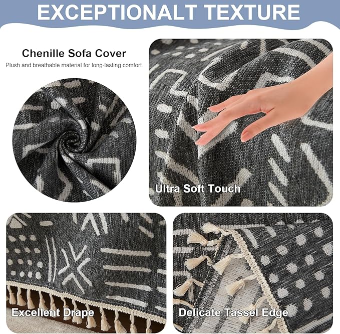 VClife Boho Black White Couch Cover Plush Soft Chenille Couch Cover for 3-4 Cushion Couch Sofa, 1 PC Washable Breathable Bohemian Sofa Cover for Sectional Couch Thick Furniture Protector 71" x 150"
