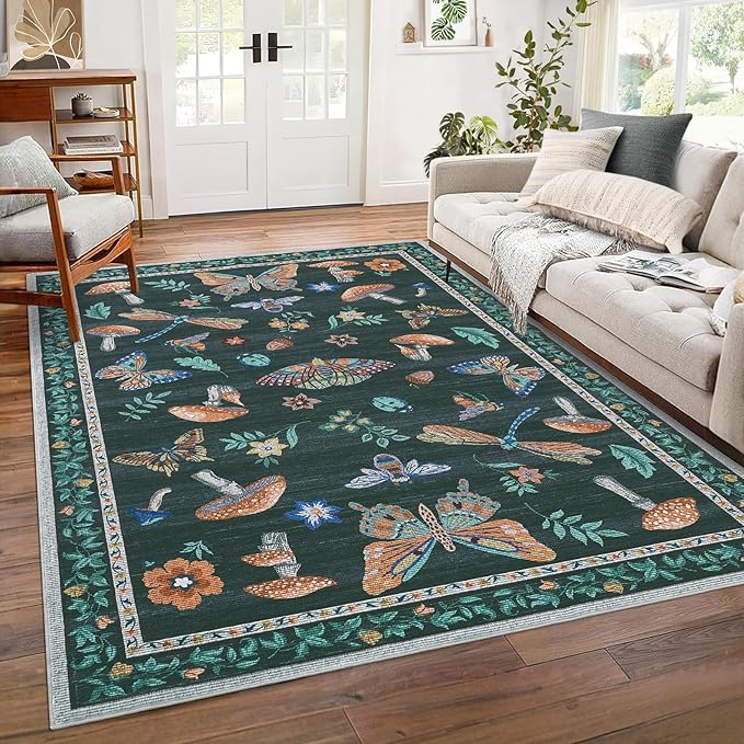 Mushroom Washable Area Rug 6x9 Rugs for Living Room Soft Low-Pile Stain Resistant Thin Carpet for Bedroom Dining Nursery Non Slip Mat with Rubber Black