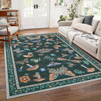 Mushroom 3x5 Rug Washable Non-Slip Small Indoor Rugs for Entryway with Rubber Back Soft Low-Pile Stain Resistant Foldable Carpet for Kitchen Bedroom Living Room Mat Black