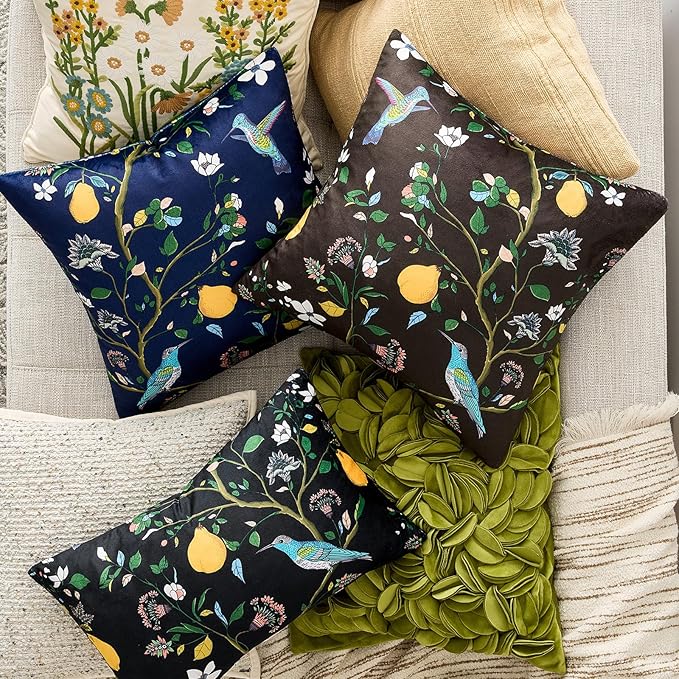 MUSSEL Brown Velvet Throw Pillow Covers 16x16 Pack of 2, Vintage Floral Pillow Covers, Mid Century Flower Plant Cushion Covers for Sofa Living Room Home Decor