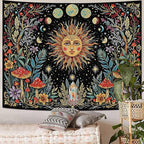 Accnicc Boho Sun and Moon Tapestry Hippie Mushroom Floral Wall Tapestry for Bedroom Aesthetic Vintage Plant Celestial Spiritual Small Tapestries Wall Hanging for Dorm Living Room Decor 60 x 44 Inch