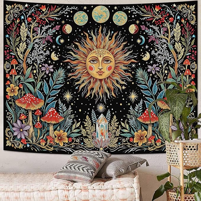 Accnicc Boho Sun and Moon Tapestry Hippie Mushroom Floral Wall Tapestry for Bedroom Aesthetic Vintage Plant Celestial Spiritual Small Tapestries Wall Hanging for Dorm Living Room Decor 60 x 44 Inch