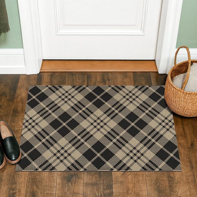 JTJ Black and White Indoor Entrance Rugs 2x3 - Easy Jute Woven Accent Rug for Indoor Area, Kitchen, Bedroom, Washable Low Pile Vintage Classic Decor