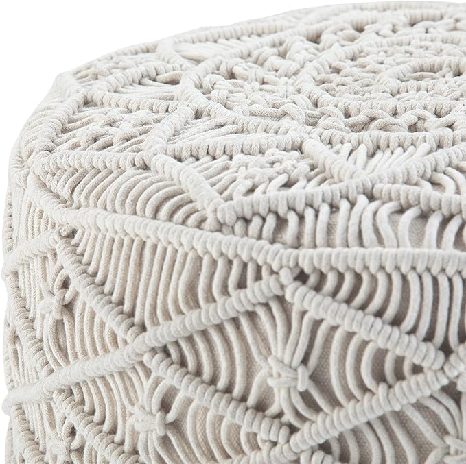 SIMPLIHOME Coates Round Pouf - 18 inch Wide Handwoven Cotton Macrame Ottoman in Natural, Boho Footstool, Decorative Pouf or Extra Seating for Living Room, Bedroom, or Kids Room, Assembled