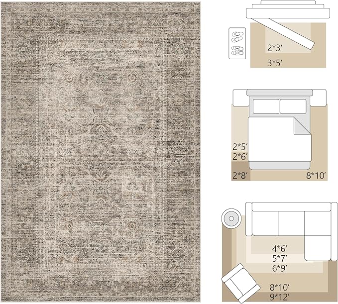 FMFUNCTEX 8x10 Washable Area Rug Vintage Neutral Distressed Large Taupe Non Slip Carpet for Living Room Bedroom Soft Low Pile Indoor Mat Retro Floral Throw Rug for Dining Room Kitchen Office Nursery