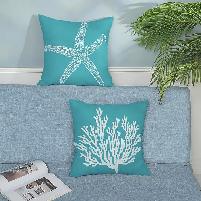 Coastal Pillow Covers 18x18 Set of 2 Aqua Teal Turquoise Coral Starfish Throw Pillows Nautical Ocean Decorations Summer Linen Beach Pillowcase Outdoor Decor Farmhouse Cushion Case for Couch