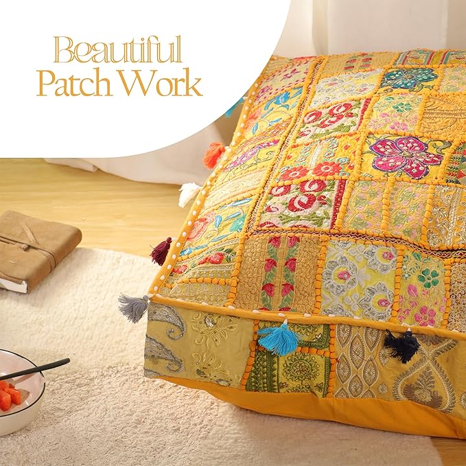 THE ART BOX Cotton Patchwork Vintage Boho Embroidered Floor Pillows & Cushion Cover Dog Pouf Seating Pouf Meditation Pillow Pet Bedding Cat Bed Boho Home Décor (35x35 Inches, Cover Only)