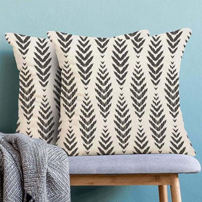 Boho Pillow Covers 16 x 16 Inch Pack of 2, Black and White Bohemian Ethnic Herringbone Pattern Decorative Throw Pillow Covers Vintage Linen Farmhouse Outdoor Pillowcase for Bedroom Home Sofa Decor