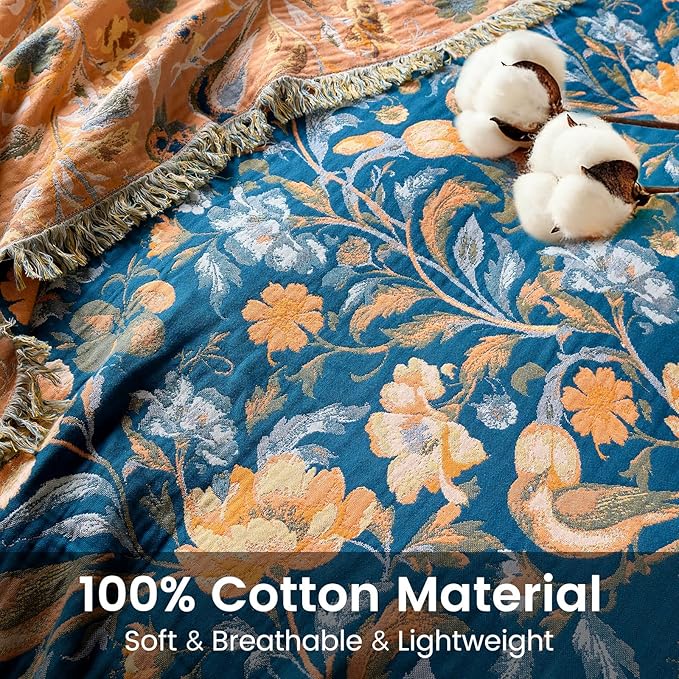 Boho Throw Blanket 50"x60" 100% Cotton Floral Couch Blanket with Flower Bird,ReversibleSoft Breathable Lightweight Spring Decorative Blankets with Fringe for Sofa Chair Bed Decor All Season