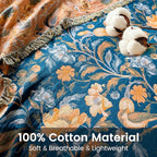 Boho Throw Blanket 50"x60" 100% Cotton Floral Couch Blanket with Flower Bird,ReversibleSoft Breathable Lightweight Spring Decorative Blankets with Fringe for Sofa Chair Bed Decor All Season