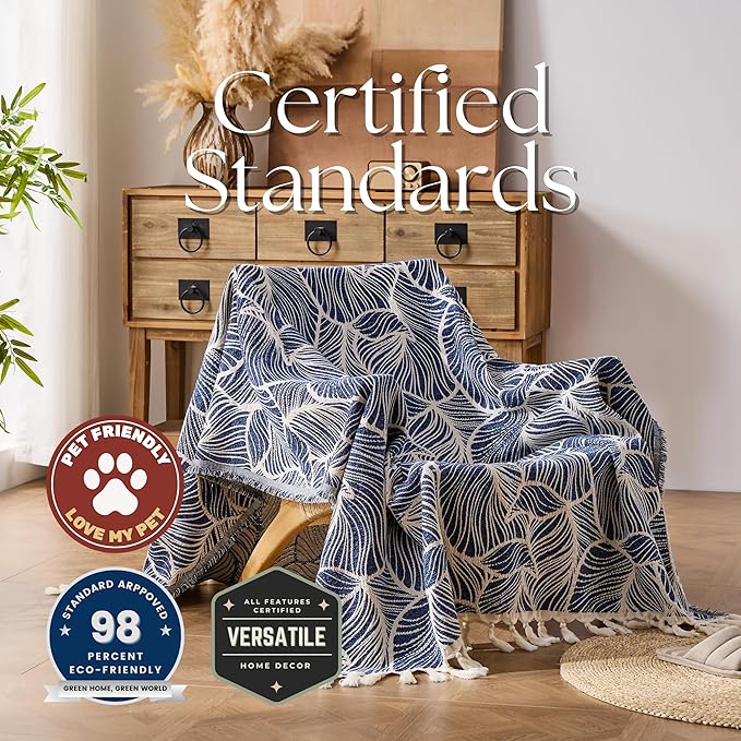 DOWN HOME Chenille Cotton Throw Blanket for Couch, Lightweight Boho Blanket for Bed Sofa Chair Living Room Outdoor Soft Woven Decorative Blanket with Tassel Gift Navy Leaves 55"x60"