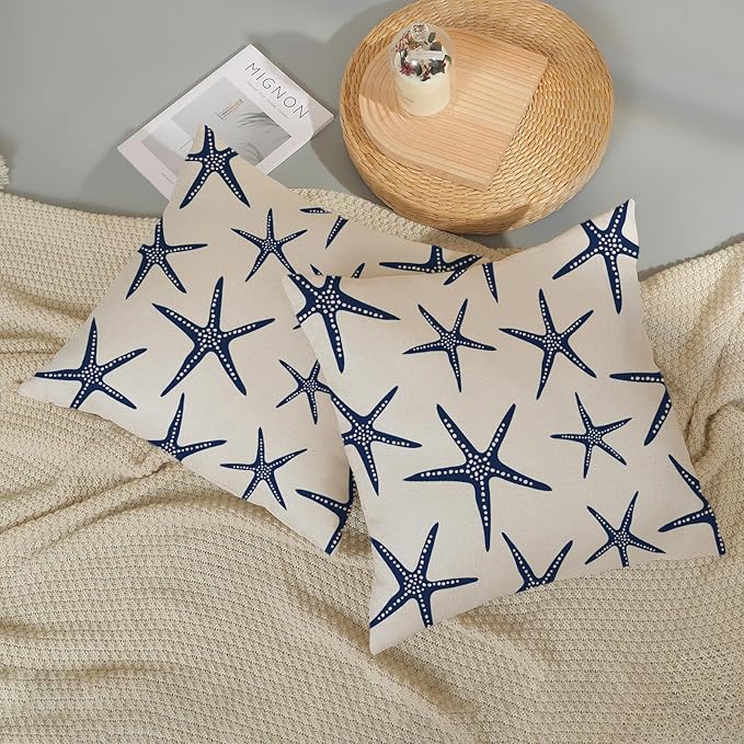 Navy Blue Starfish Pillow Covers 18x18 Inch Set of 2 Coastal Throw Pillows Spring Summer Nautical Ocean Theme Beach Decorative Pillow Cases Linen Outdoor Decor Cushion Case for Home Bedroom