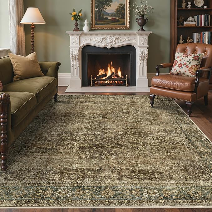Bavni Area Rugs 8X10-Machine Washable Rug Lightweight Low Pile, Vintage Floral Rug Non-Shedding Distressed Throw Carpet for Living Room Bedroom Office, Green