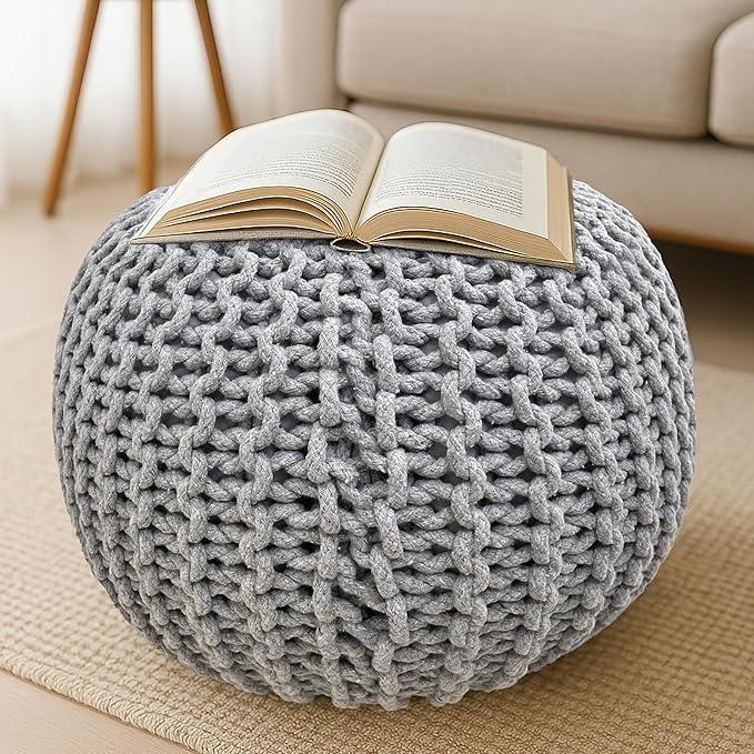 Palisa Round Ottoman Pouf Handmade Cotton Knitted Poof Bean Bag Filling | Boho Pouffe for Living Room & Bedroom | Foot Rest Poufs for Office Home Decor (Grey, 20" D x 20" W x 14" H)