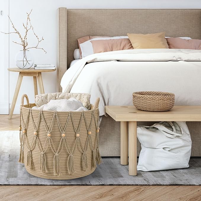 Blanket Basket for Living Room Decor Storage Basket for Toy Organizer Boho Decor Baskets for Modern Farmhouse Decor Small Laundry Basket for Bedroom and Laundry Room Organization,Beige