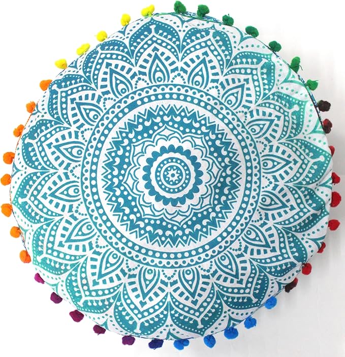 INDIAN CRAFT CASTLE ICC Mandala Barmeri Large Floor Pillow Cover Cushion Meditation Seating Ottoman Throw Cover Hippie Decorative Zipped Bohemian Pouf Ottoman Cases Green Ombre 16" Round