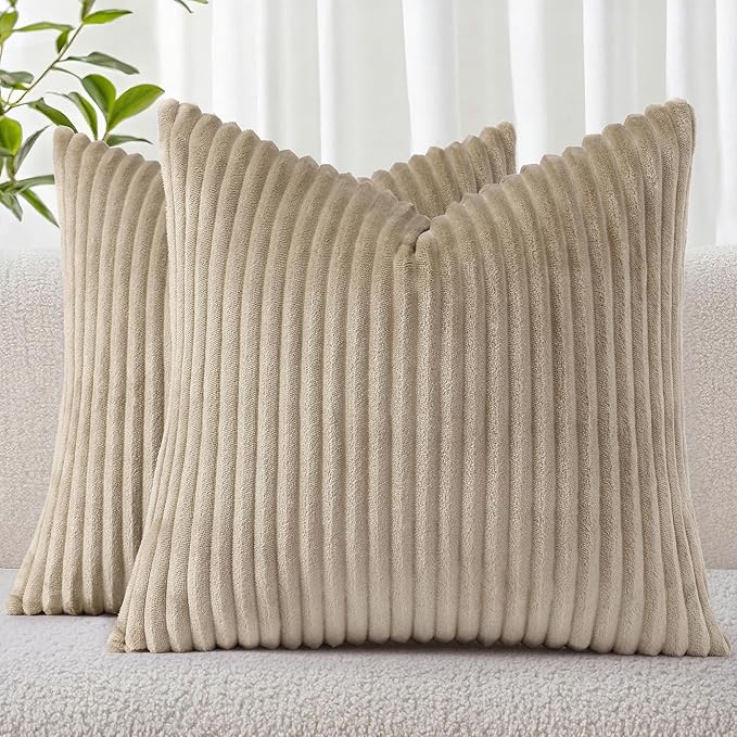 Simmore Decorative Spring Throw Pillow Covers 16x16 Set of 2, Soft Natural Plush Flannel Double-Sided Fluffy Couch Pillow Covers for Sofa Living Room, Light Brown