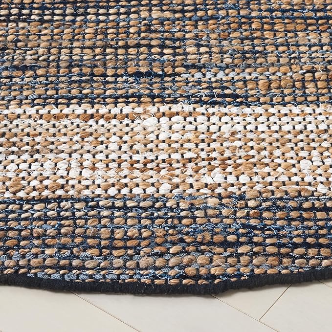 SAFAVIEH Cape Cod Collection Area Rug - 6' Round, Navy & Beige, Handmade Denim & Jute, Ideal for Living Room, Bedroom, Home Office, Dining Space (CAP153N-6R)