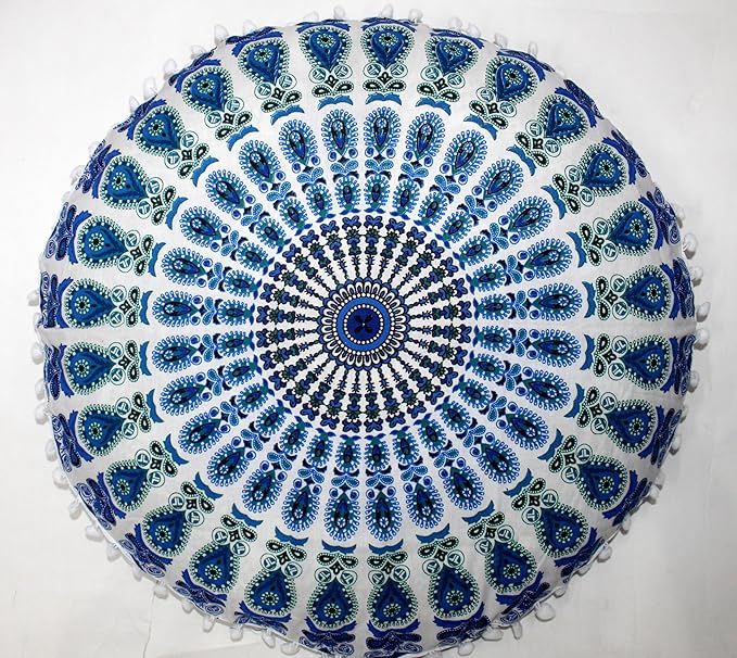 INDIAN CRAFT CASTLE ICC 32 Inch Large Round seat Floor Cushion Cover Chair Ottoman Pouf Pillow Cover Meditation Floor Cushion Covers Seating pouffe Throw Covers Sky Blue