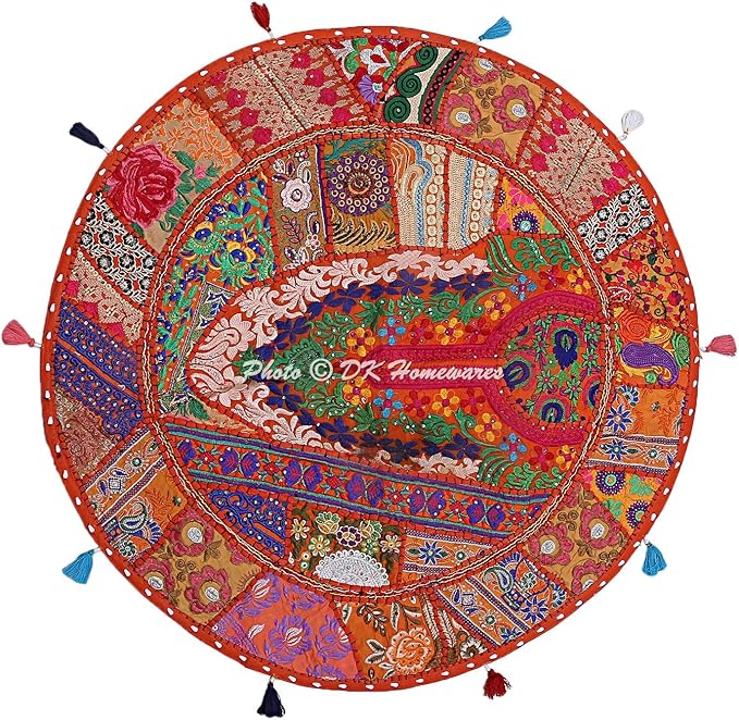 Indian Bohemian Floor Pillow for Kids Orange 28 Inch Patchwork Yoga Pouffe Footstool Home Decor Embroidered Vintage Cotton Round Floor Cushions for Adults 28x28
