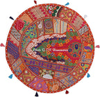 Indian Bohemian Floor Pillow for Kids Orange 28 Inch Patchwork Yoga Pouffe Footstool Home Decor Embroidered Vintage Cotton Round Floor Cushions for Adults 28x28