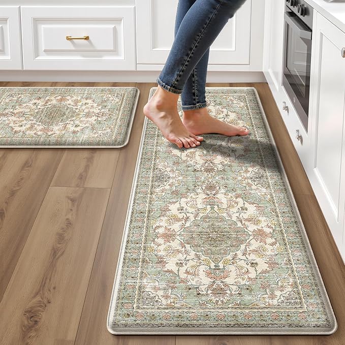 Boho Kitchen Mats for Floor 2 Piece Set Anti Fatigue Cushioned PVC Kitchen Rugs Non Slip Waterproof Farmhouse Mats 2/5 Inch Comfort Standing Mat for Laundry, 17.3"x47"+17.3"x28", Green Orange Beige