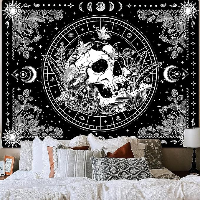 Aipon Black and White Skeleton Tapestry Bedroom Skull Mushroom Tapestries Hippie Nature Plants Floral Flower Aesthetic Tapestry Wall Hanging for Living Room Dorm (Black, 48'' × 36'')