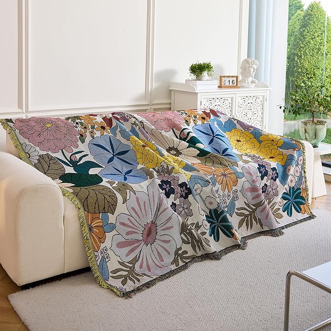 Boho Throw Blanket for Couch Cover, 100% Handwoven Cotton Southwestern Farmhouse Floral Decor Reversible Blanket, All Season Throw for Sofa Bed Tapestry Outdoor Camping Picnic. 91″×98″