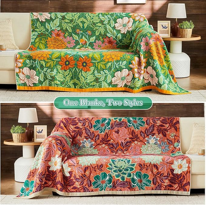 Boho Blanket Soft Muslin Boho Throw Blanket 100% Cotton Blanket All Seasons Reversible Rustic Floral Printed Vintage Rustic Farmhouse Decor Throw for Sofa Couch Chair (Green, 80"x90")