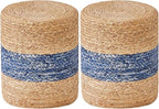 Wimarsbon 2Pcs Pouf Ottomans, Natural Seagrass Foot Stool, Hand Weaving Round Ottoman, Boho Decorative Seat, Jute Braided Pouffe Poof Accent Sitting Footrest for Living Room (Blue-2)