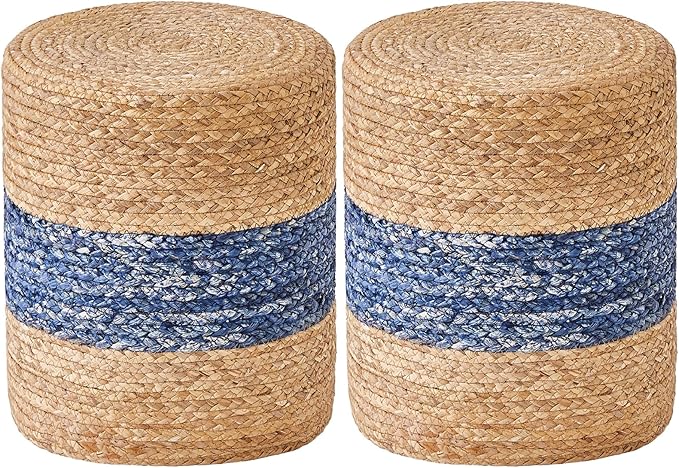 Wimarsbon 2Pcs Pouf Ottomans, Natural Seagrass Foot Stool, Hand Weaving Round Ottoman, Boho Decorative Seat, Jute Braided Pouffe Poof Accent Sitting Footrest for Living Room (Blue-2)