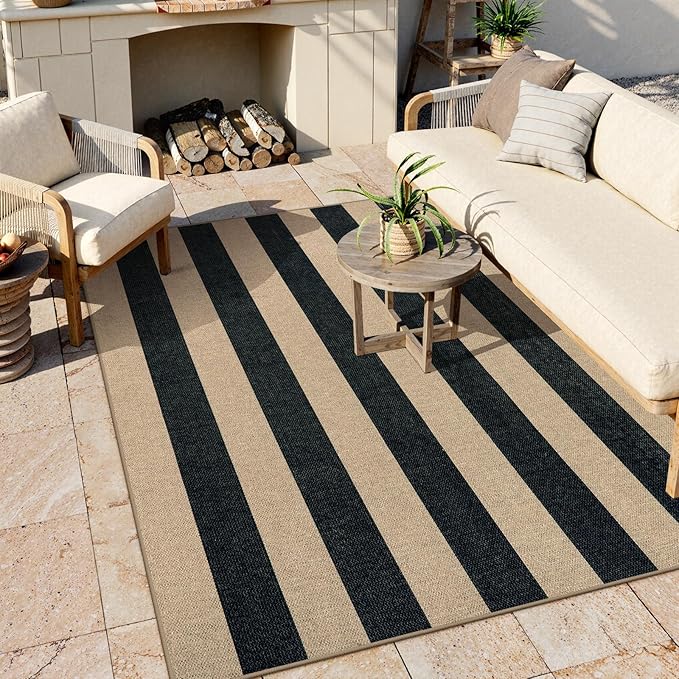 Lahome Elance Striped Easy Jute Outdoor Rug 5x7, Large Neutral Dining Living Room Rug, Farmhouse Non Slip Non Shedding Washable Indoor Outdoor Black Carpet for Office Deck Patio Backyard Bedroom