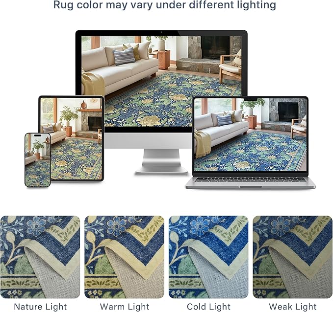 Bavni 5x7 Area Rugs for Living Room, Microfiber Machine Washable Non-Slip Vintage Floral Rug, Low Pile Lightweight Carpet for Bedroom, Dining Room, Home Office, Navy Blue & Sage Green