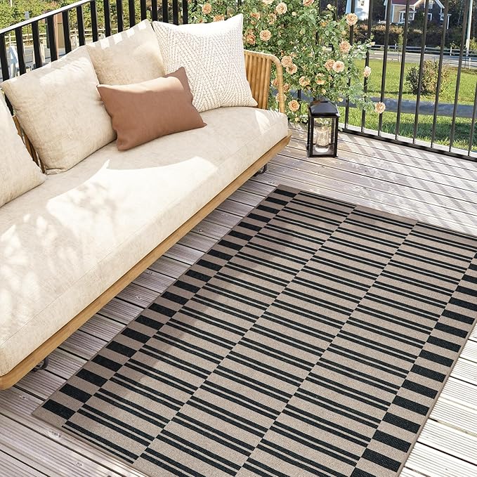 Lahome Elance Striped Easy Jute Rug, 3x5 Outdoor Patio Porch Rug Washable Rugs for Entryway, Indoor Outdoor Living Room Carpets, Farmhouse Neutral Non Slip Black Carpet for Backyard Bedroom RV