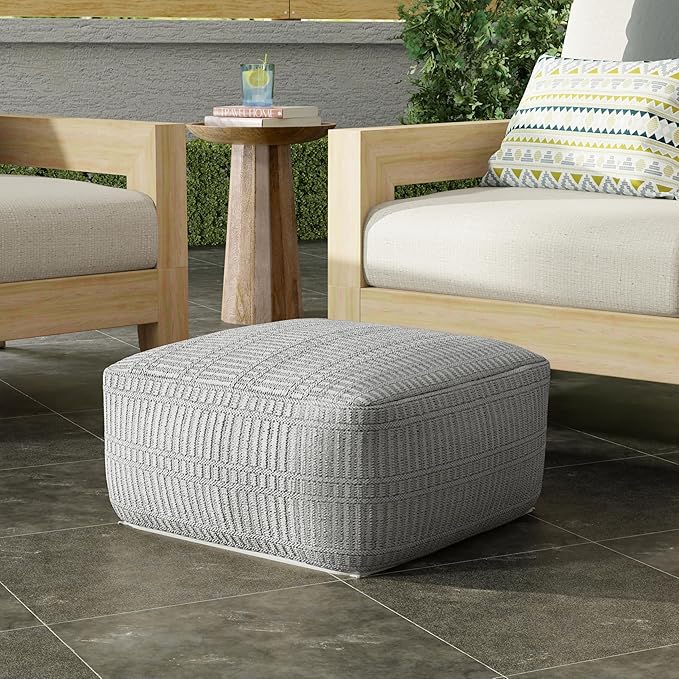 SIMPLIHOME Safford Square Pouf - 20 inch Wide Upholstered PET Polyester Ottoman in Grey and White, Boho Indoor/Outdoor Footstool or Extra Seating for Living Room or Bedroom, Assembled