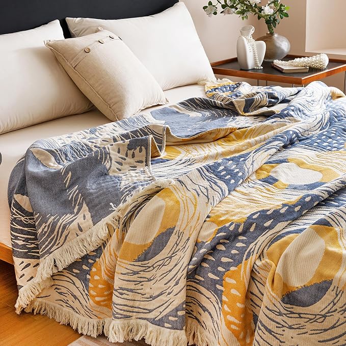 Scientific Sleep Starry Blue Sky Moon Stars 100% Cotton Muslin Blanket Throw Cover for Bed Couch Sofa Cozy Soft Reversible Bedding Blanket Quilt Bedspread Coverlet Twin 60 in x 80 in
