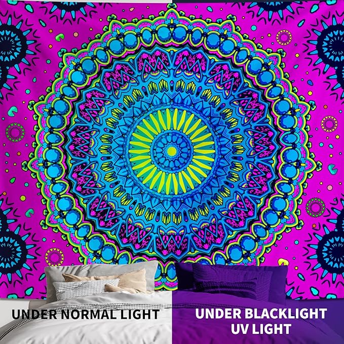 Apdidl Blacklight Trippy Mandala Tapestry for Bedroom, Black Light UV Reactive Posters Wall Hanging Aesthetic, Neon Colorful Hippie Boho Art Decor Tapestries for Living Room Adults 51" X 60"