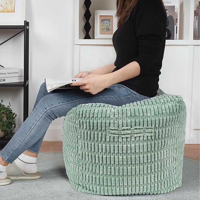 AELS Unstuffed Farmhouse Pouf Cover for Living Room, Boho Storage Bean Bag Cubes, Sage Green Soft Corduroy Plush Sripe Square Ottoman Pouf Foot Rest Footstool, 18"x18"x18", Cover ONLY