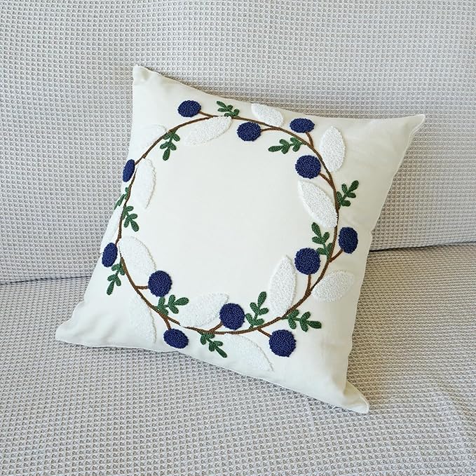 vctops Floral Embroidered Pillow Covers 18x18 Inch Spring Summer Cotton Tufted Throw Pillow Cover Outdoor Garden Cushion Case for Sofa, Bed, Living Room (Flower A,18"x18")